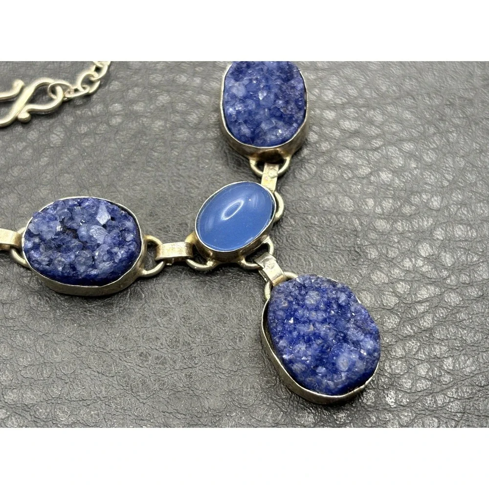 Ethnic Boho Style Silver Tone Faux Chalcedony Statement Necklace Pendant Drop